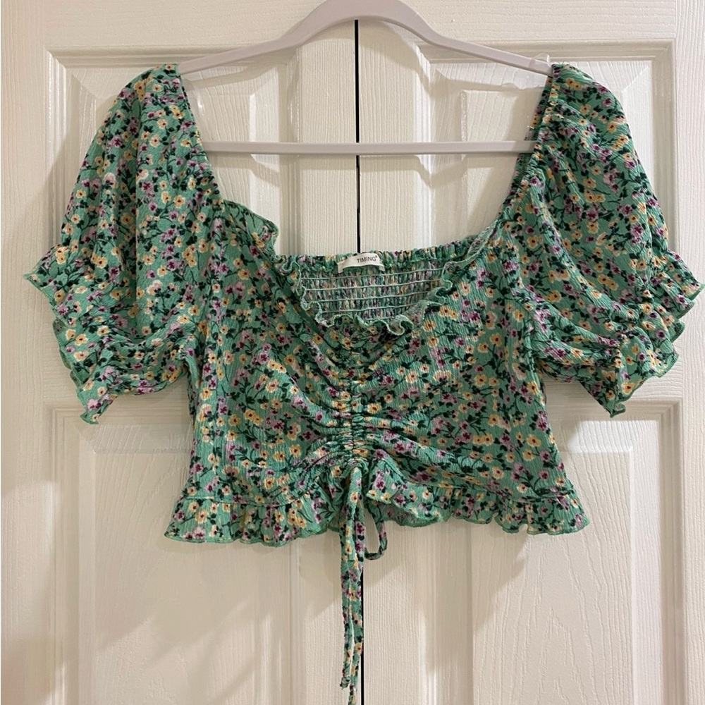 Timing - Floral Green Puff Sleeve Top